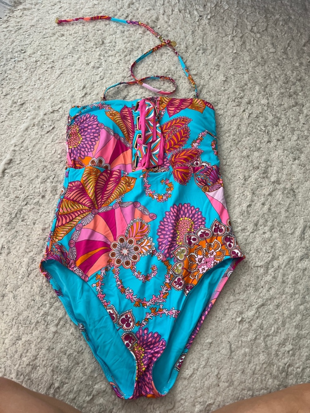 Trina Turk Pink & Turquoise Floral Lace-Up One-Piece Swimsuit 10